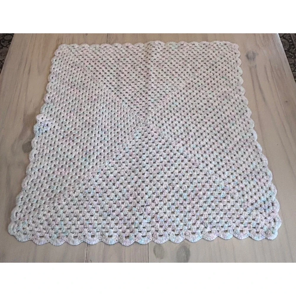Handmade Crochet Baby Blanket Pastel Pink Blue White Granny Square Scalloped 27